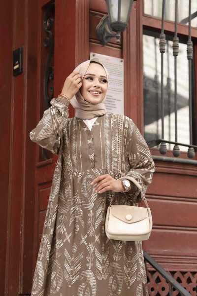 Yarım Düğme Detaylı Viscon Elbise