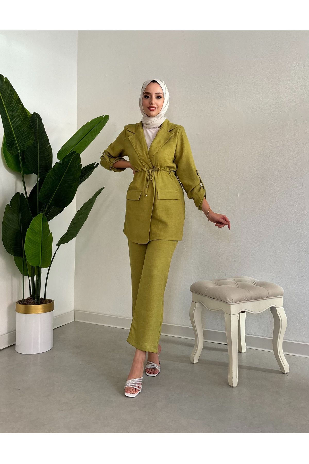 Sofya Keten 2 li Yazlık Takım - Yağ Yeşili Sofya Keten 2 li Yazlık Takım - Yağ Yeşili