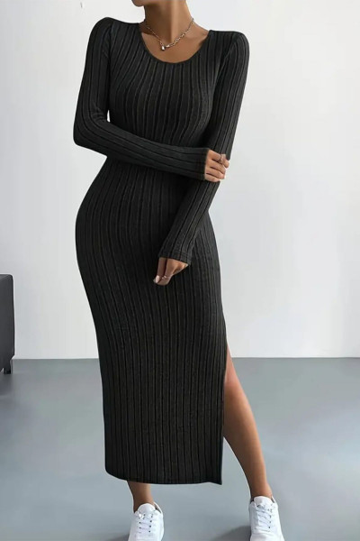 Kadın Siyah Trend Bisiklet Yaka Yırtmaçlı Kalın Fitili Elbise Kadın Siyah Trend Bisiklet Yaka Yırtmaçlı Kalın Fitili Elbise