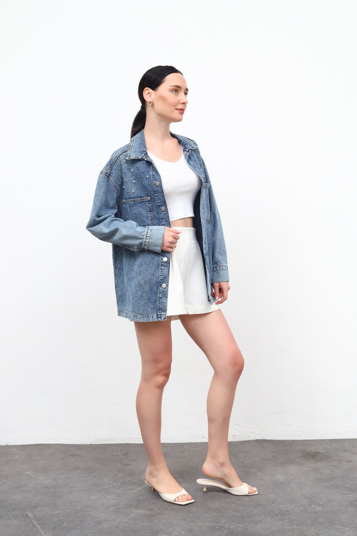 Kadın Taş Detaylı Denim Ceket Mavi