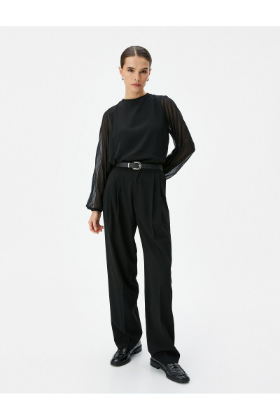 Şifon Bluz Balon Kollu Bisiklet Yaka