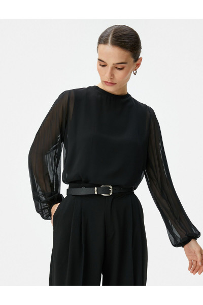 Şifon Bluz Balon Kollu Bisiklet Yaka