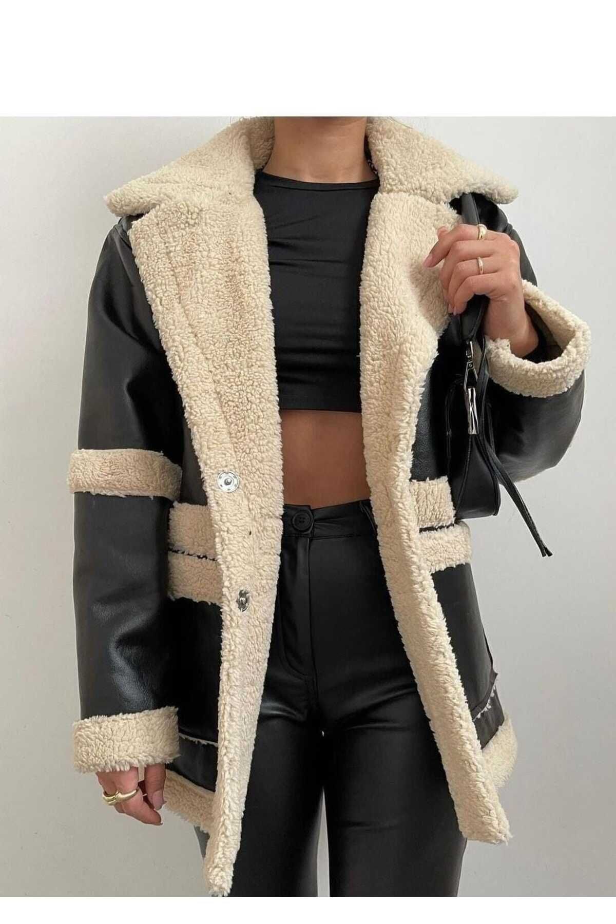 Kadın Siyah Peluş Kürk Detaylı Kaliteli Mont Kadın Siyah Peluş Kürk Detaylı Kaliteli Mont