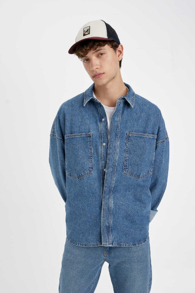 Oversize Geniş Kalıp Pamuklu Jean Uzun Kollu Basic Gömlek C7538ax24au Oversize Geniş Kalıp Pamuklu Jean Uzun Kollu Basic Gömlek C7538ax24au