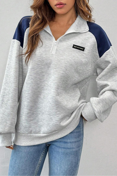 Unisex Gri Dik Yaka Oversize 3 İplik Şardonlu Sweatshirt