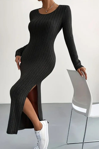 Kadın Siyah Trend Bisiklet Yaka Yırtmaçlı Kalın Fitili Elbise Kadın Siyah Trend Bisiklet Yaka Yırtmaçlı Kalın Fitili Elbise