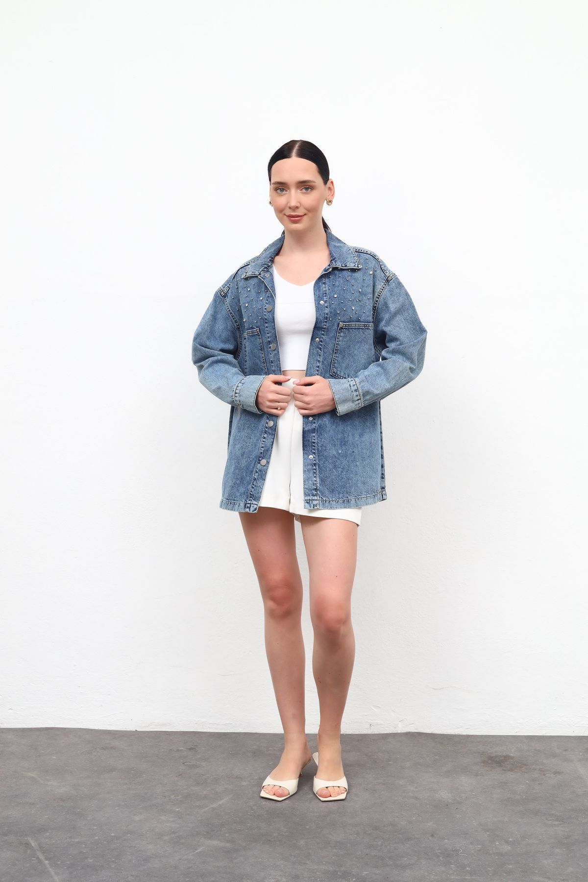 Kadın Taş Detaylı Denim Ceket Mavi