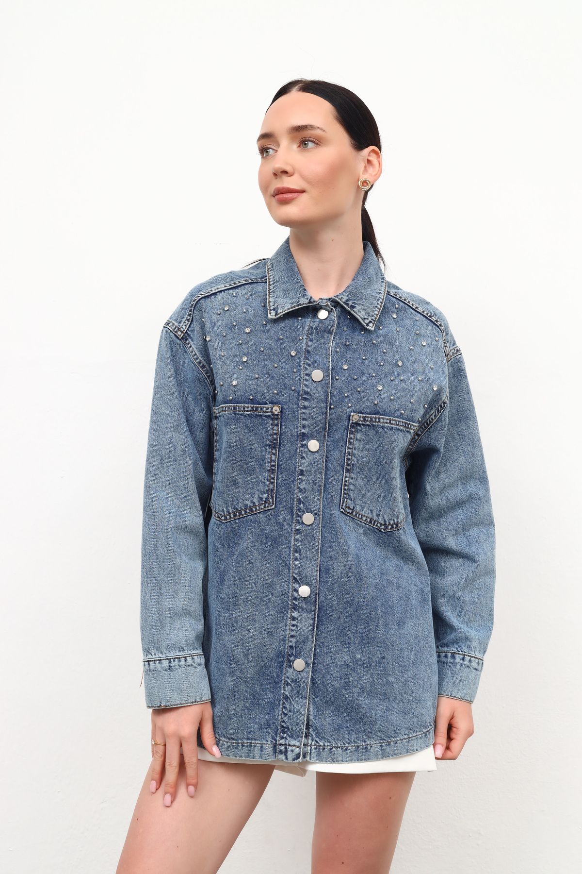 Kadın Taş Detaylı Denim Ceket Mavi