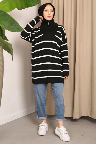 Siyah Yaka Fermuarlı Çizgili Triko Tunik Siyah Yaka Fermuarlı Çizgili Triko Tunik