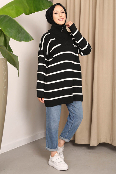 Siyah Yaka Fermuarlı Çizgili Triko Tunik Siyah Yaka Fermuarlı Çizgili Triko Tunik