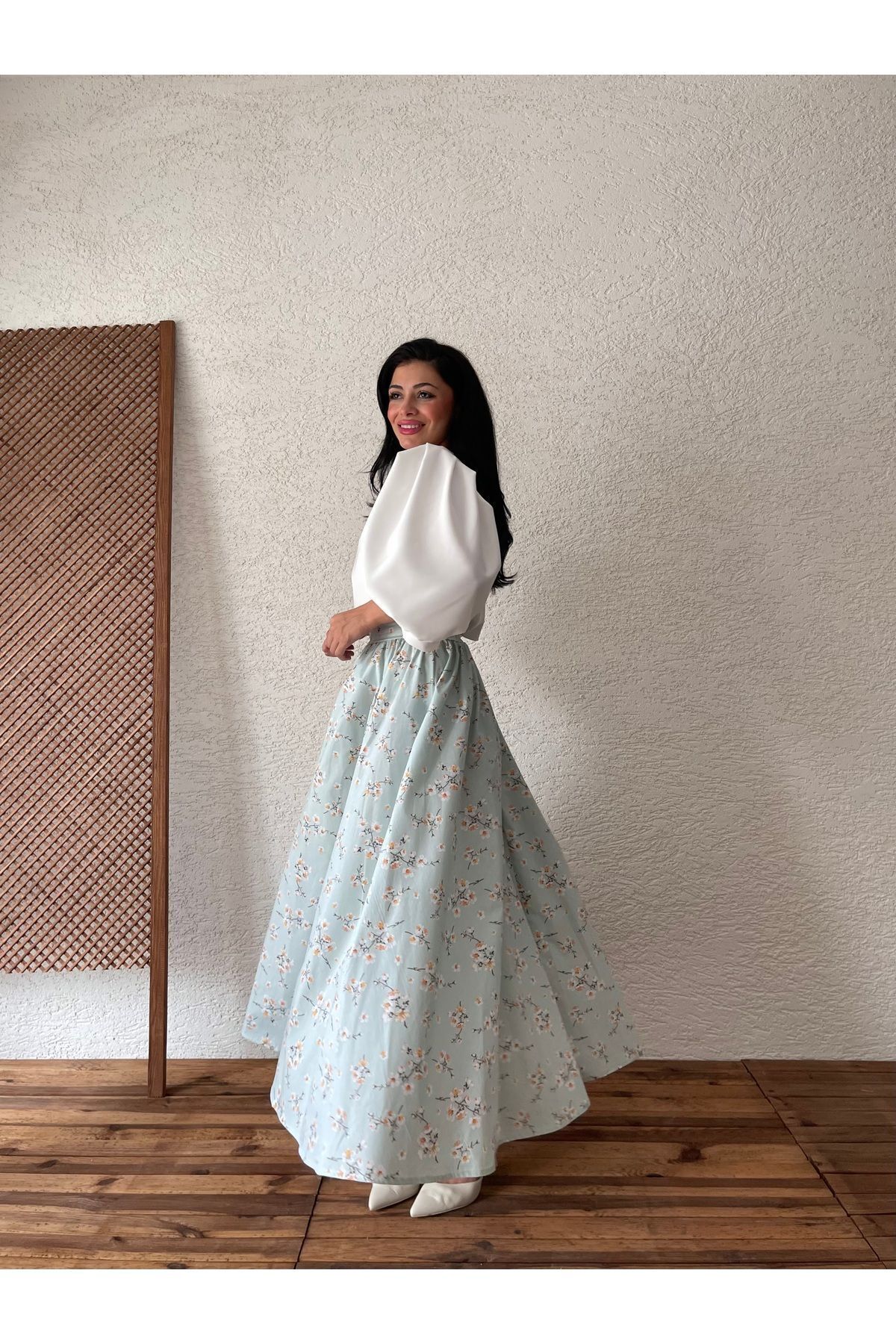 Su Yeşili Bahardalı Poplin Kloş Etek