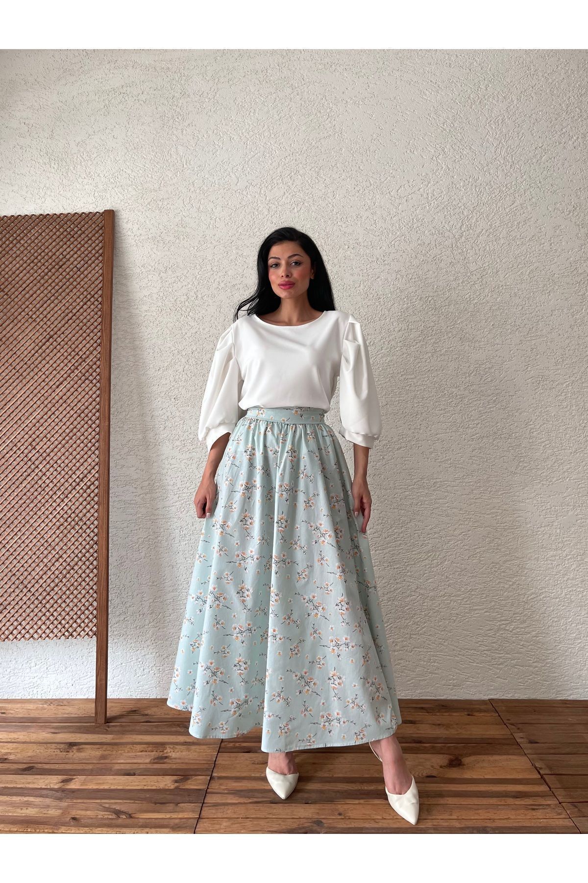 Su Yeşili Bahardalı Poplin Kloş Etek