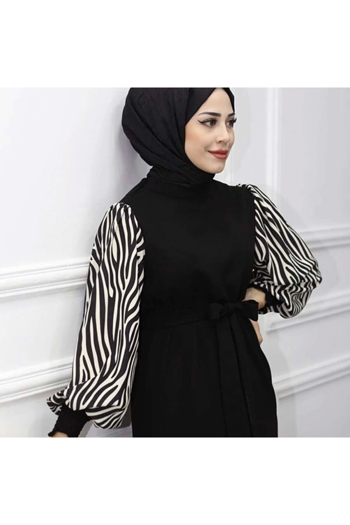 Zebra Desenli Uzun Boy Tesettür Elbise - Siyah