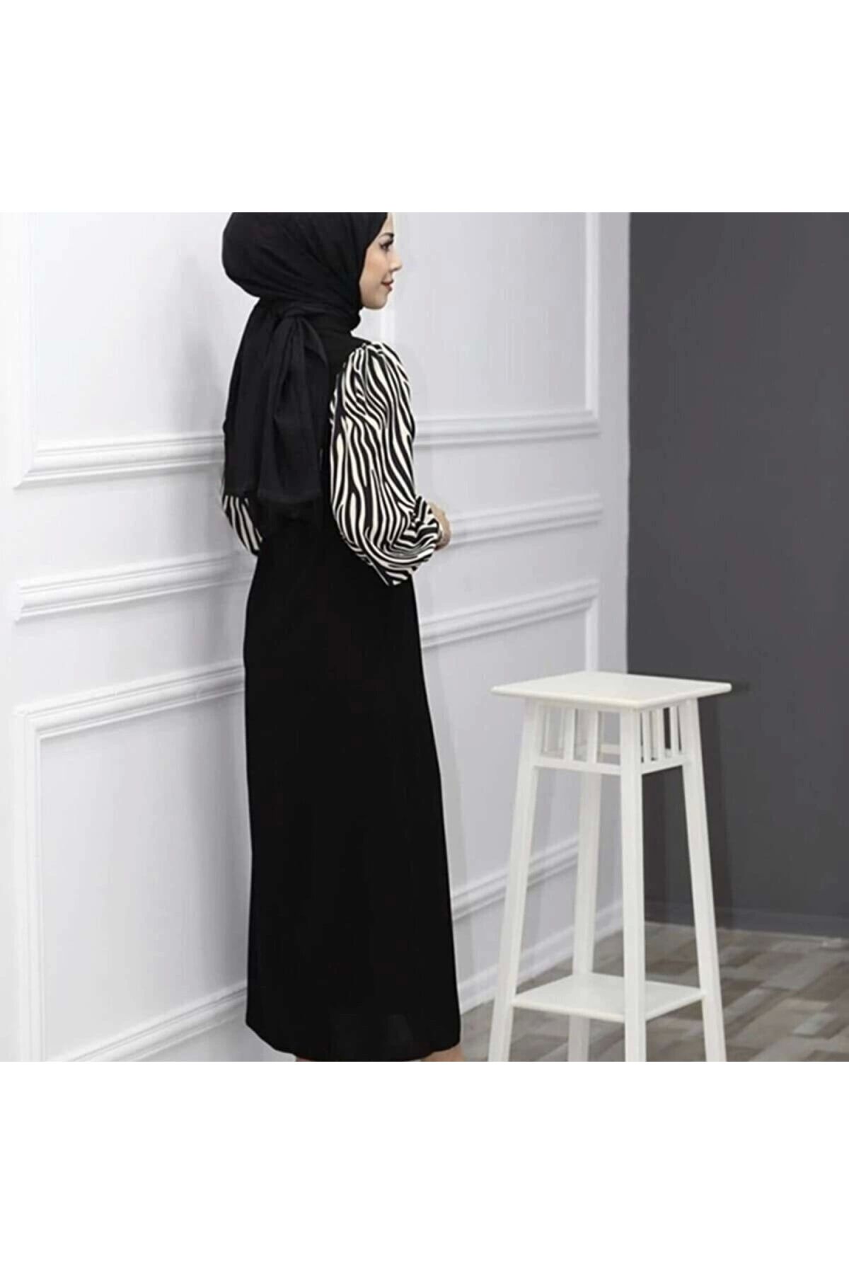 Zebra Desenli Uzun Boy Tesettür Elbise - Siyah