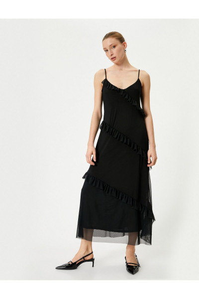 Uzun Tül Elbise Fırfırlı Askılı Uzun Tül Elbise Fırfırlı Askılı