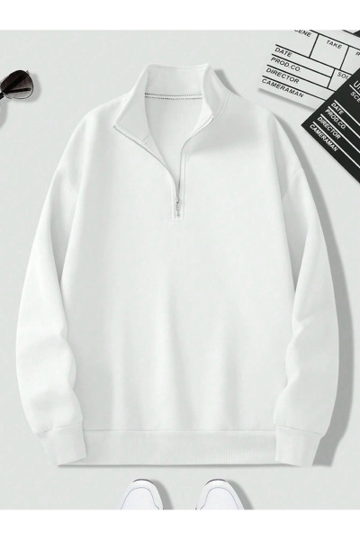 Unisex Erkek/Kadın Düz Renkli Dik Yaka Yarım Fermuarlı Pamuklu Oversize Sweatshirt Unisex Erkek/Kadın Düz Renkli Dik Yaka Yarım Fermuarlı Pamuklu Oversize Sweatshirt