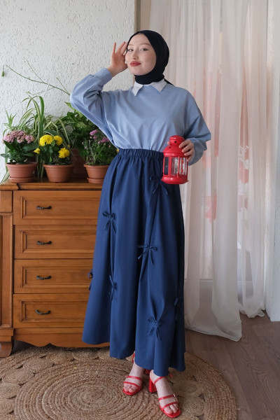 Lacivert Fiyonklu Etek