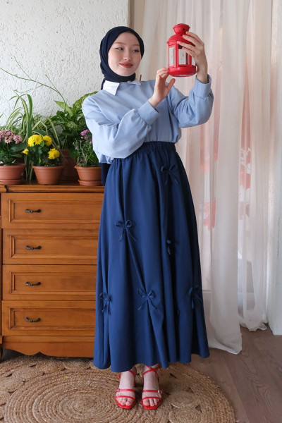 Lacivert Fiyonklu Etek