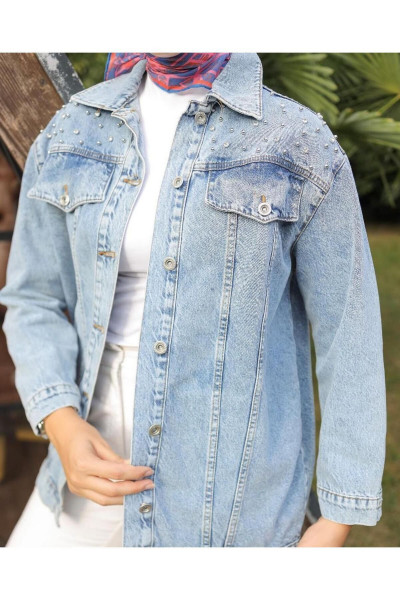 Kadın Taş İşlemeli Denim  Kot Ceket Açık Mavi Kadın Taş İşlemeli Denim  Kot Ceket Açık Mavi