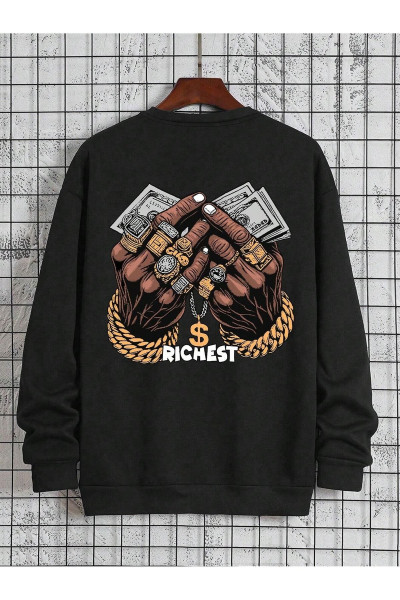 Rıchest Baskılı Bisiklet Yaka Siyah Sweatshirt - Oversize Unisex Kışlık Kalın