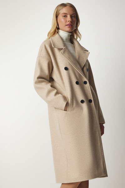 Kruvaze Yaka Oversize Kaşe Kaban Bej Lmx0036 Kruvaze Yaka Oversize Kaşe Kaban Bej Lmx0036