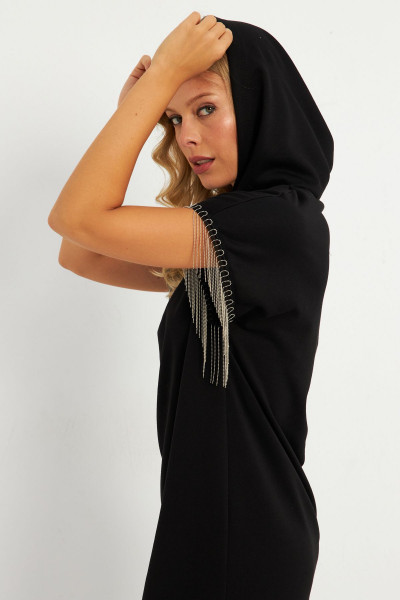 Kadın Siyah Zincir Detaylı Kapüşonlu Midi Elbise      EY2904 Kadın Siyah Zincir Detaylı Kapüşonlu Midi Elbise      EY2904