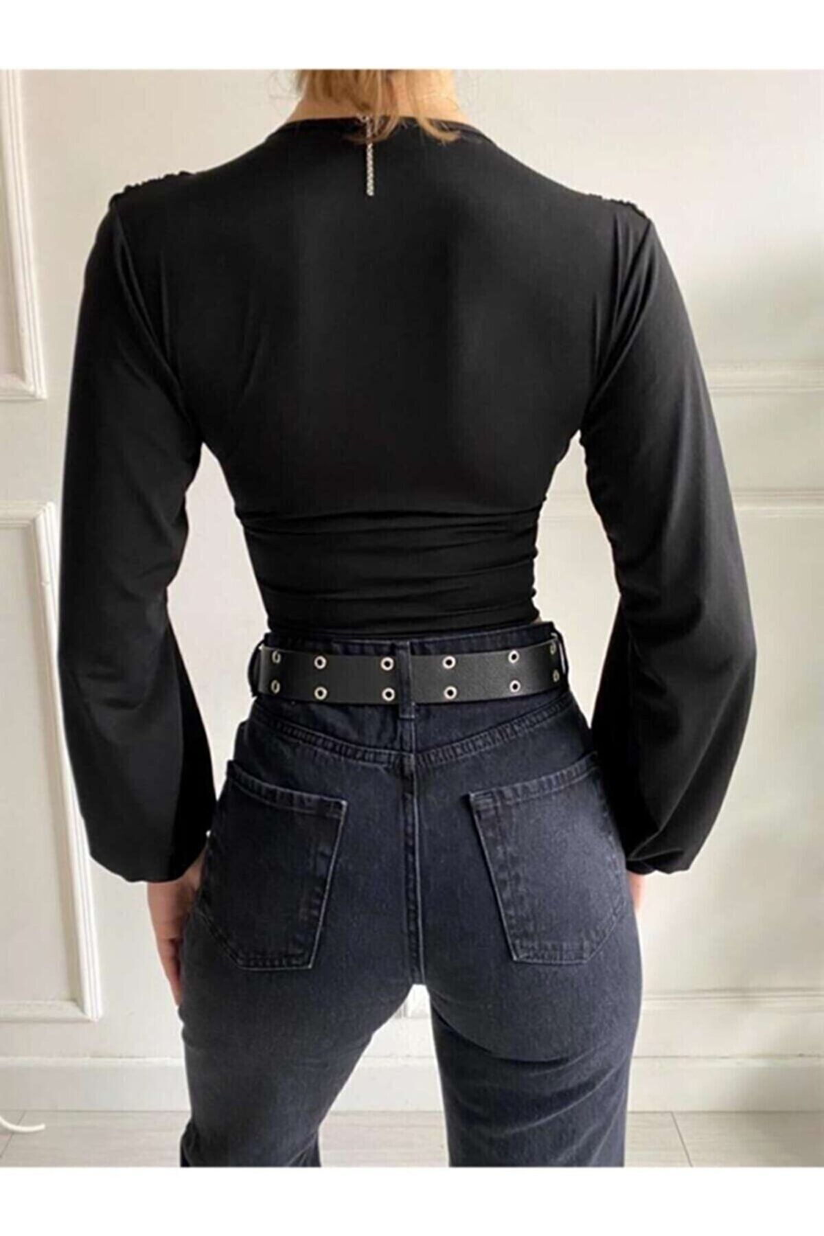 Kadın Siyah V Yaka Derin Dekolteli Beli Bantlı Crop Bluz Kadın Siyah V Yaka Derin Dekolteli Beli Bantlı Crop Bluz