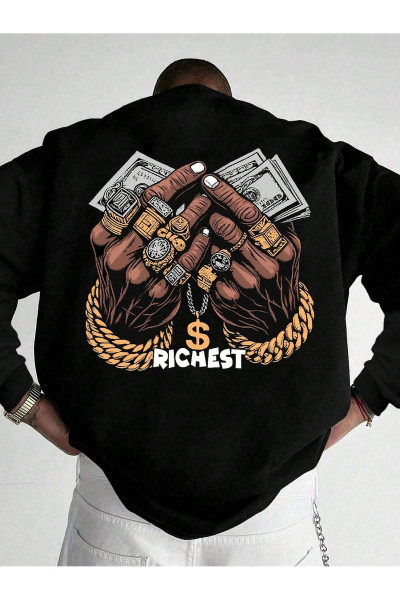 Rıchest Baskılı Bisiklet Yaka Siyah Sweatshirt - Oversize Unisex Kışlık Kalın