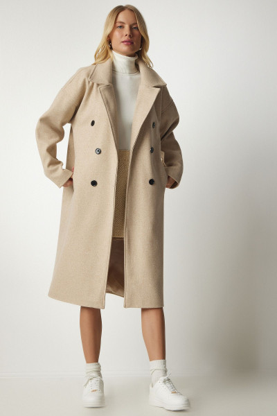 Kruvaze Yaka Oversize Kaşe Kaban Bej Lmx0036 Kruvaze Yaka Oversize Kaşe Kaban Bej Lmx0036
