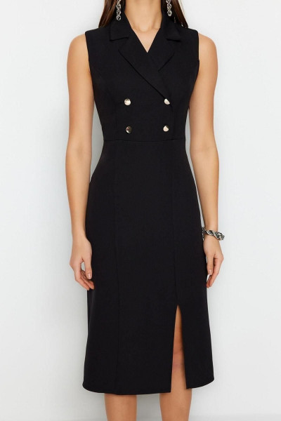 Yeni Regular Gündüz Gece Finike Dokuma Ceket Yaka Kolsuz Kol Bodycone Midi Boy Elbise