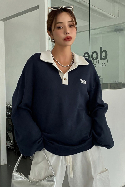 Unisex Lacivert Polo Yaka Oversize 3 İplik Şardonlu Sweatshirt Unisex Lacivert Polo Yaka Oversize 3 İplik Şardonlu Sweatshirt