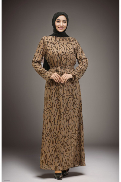 Karışık Desen Kuşaklı Viskon Elbise