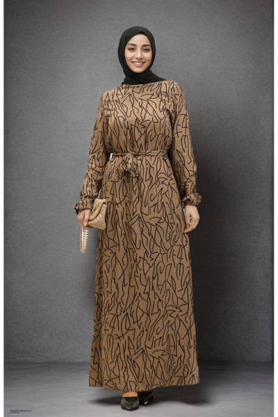 Karışık Desen Kuşaklı Viskon Elbise