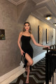 Siyah İp Askılı Yırtmaç Detay Elbise Abiye Gece Elbisesi Siyah İp Askılı Yırtmaç Detay Elbise Abiye Gece Elbisesi