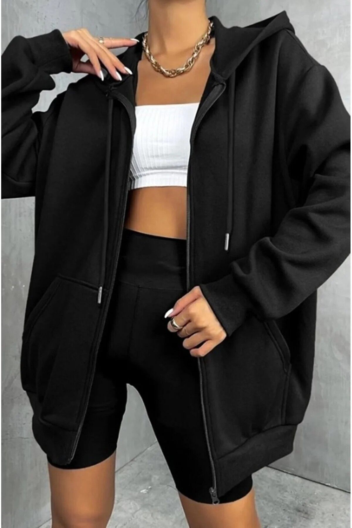 UNISEX ÜÇ İPLİK FERMUARLI ŞARDONLU HIRKA