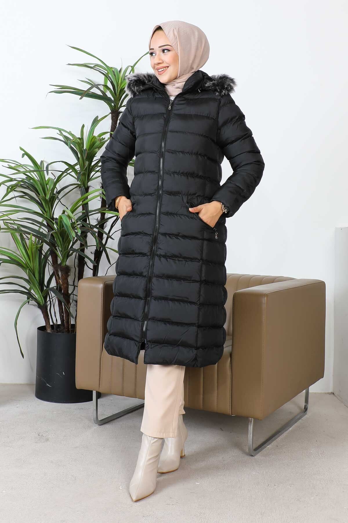 Siyah Kapüşonlu Fermuarlı Şişme Mont Siyah Kapüşonlu Fermuarlı Şişme Mont