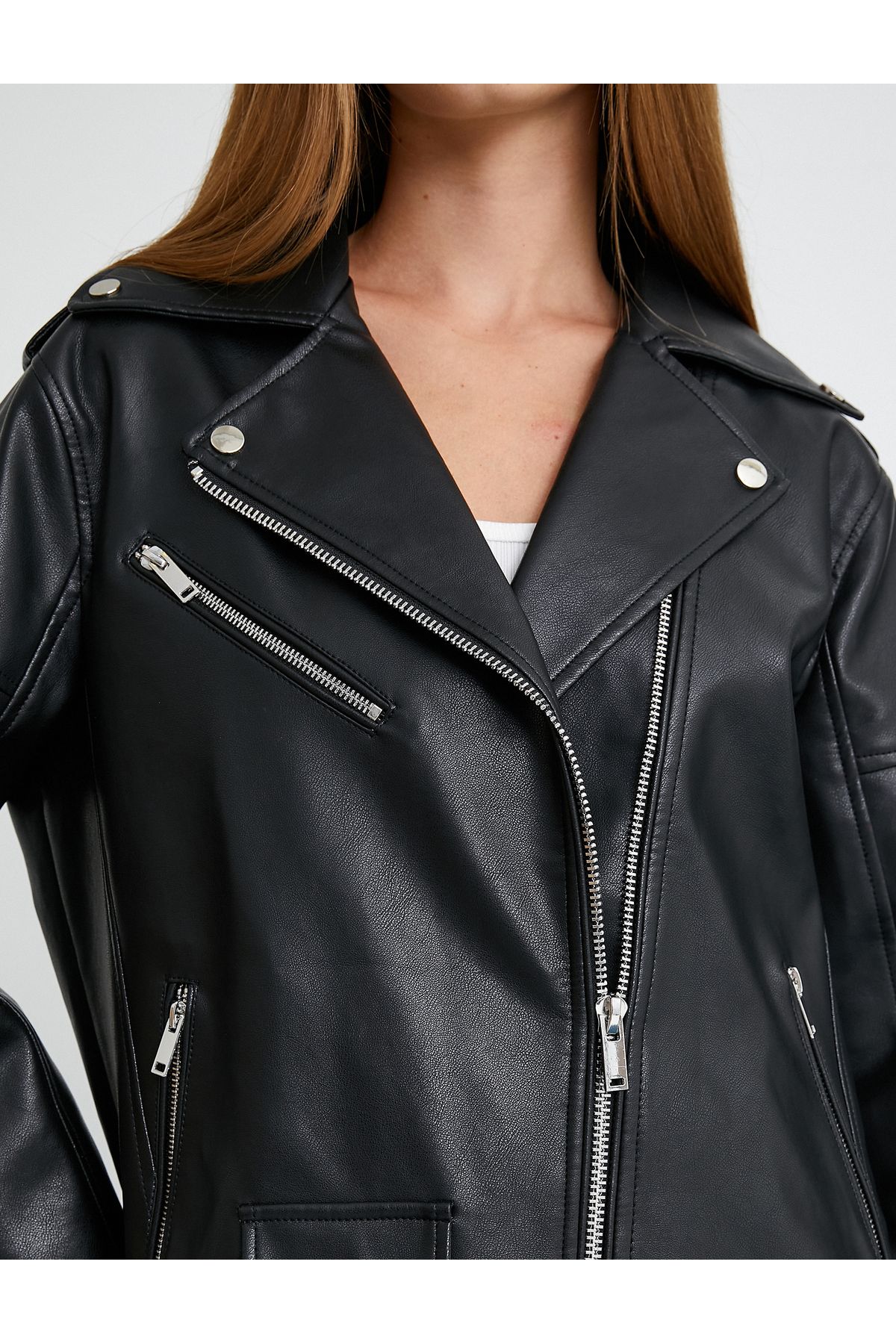 Oversize Biker Ceket Suni Deri Fermuarlı Oversize Biker Ceket Suni Deri Fermuarlı