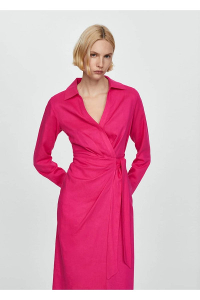 Keten bağ detaylı gömlek elbise