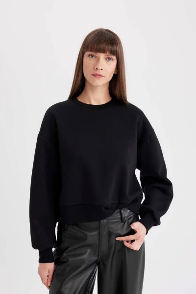 Siyah Boxy Fit Bisiklet Yaka Kalın Basic Düz Sweatshirt 25k801004894