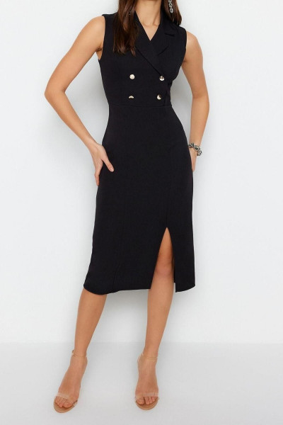 Yeni Regular Gündüz Gece Finike Dokuma Ceket Yaka Kolsuz Kol Bodycone Midi Boy Elbise