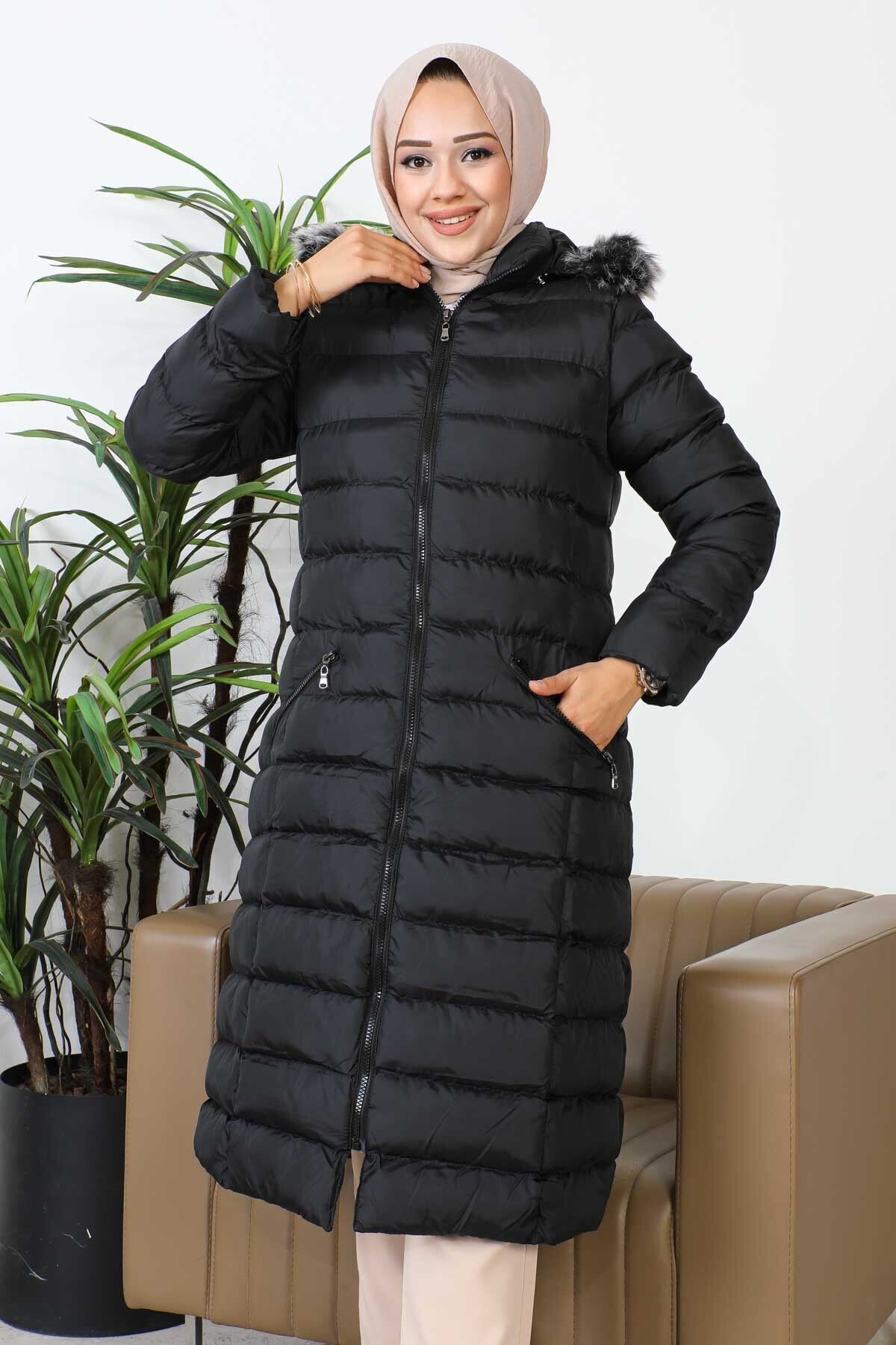 Siyah Kapüşonlu Fermuarlı Şişme Mont Siyah Kapüşonlu Fermuarlı Şişme Mont