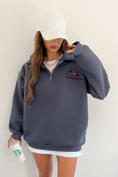 Unisex Antrasit Polo Yaka Oversize 3 İplik Şardonlu Nakışlı Sweatshirt Unisex Antrasit Polo Yaka Oversize 3 İplik Şardonlu Nakışlı Sweatshirt
