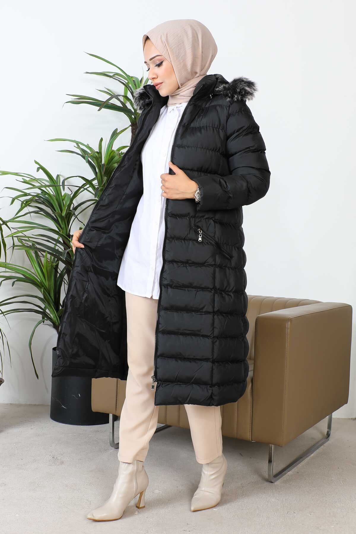 Siyah Kapüşonlu Fermuarlı Şişme Mont Siyah Kapüşonlu Fermuarlı Şişme Mont