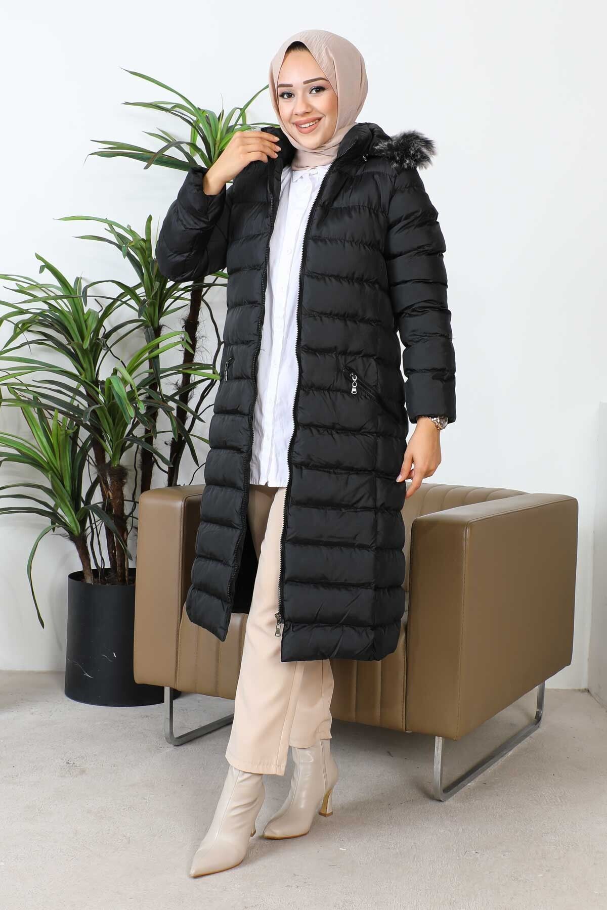 Siyah Kapüşonlu Fermuarlı Şişme Mont Siyah Kapüşonlu Fermuarlı Şişme Mont