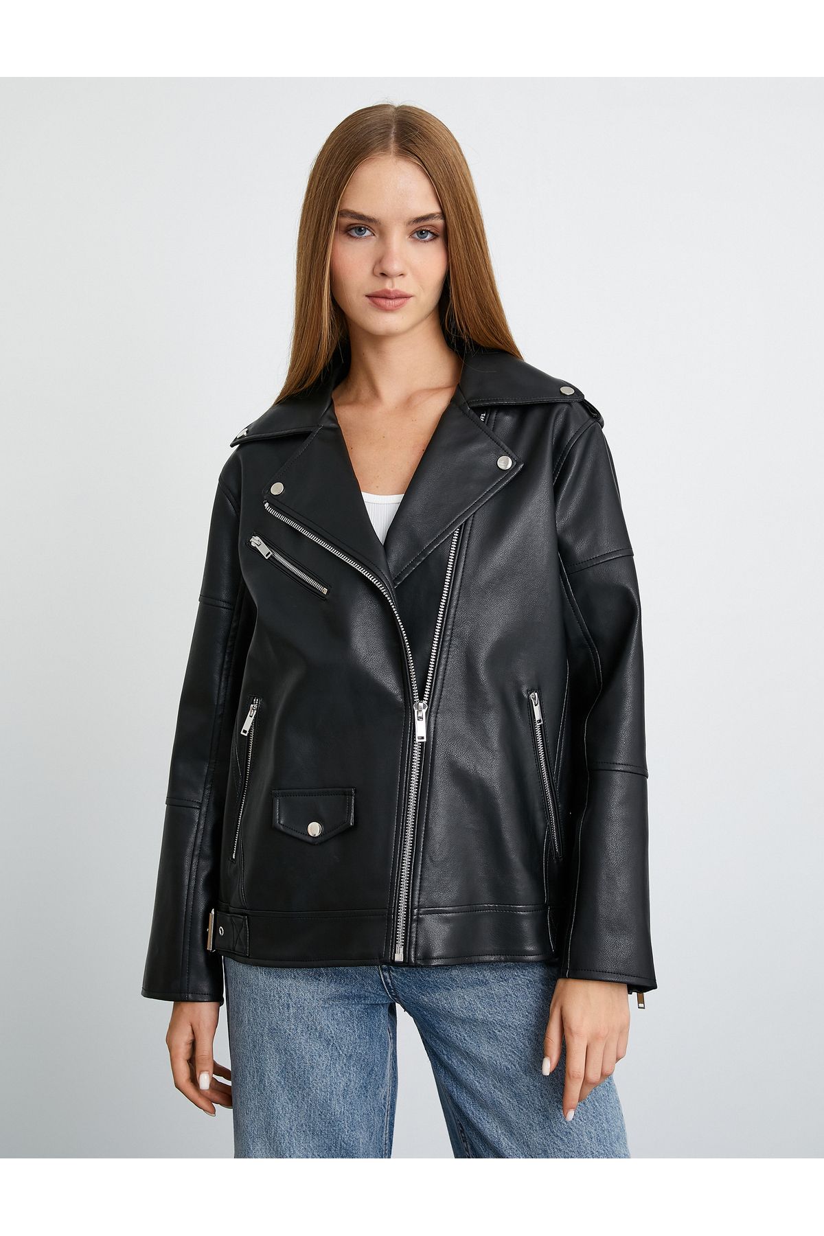 Oversize Biker Ceket Suni Deri Fermuarlı Oversize Biker Ceket Suni Deri Fermuarlı