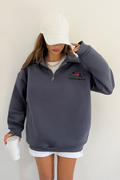 Unisex Antrasit Polo Yaka Oversize 3 İplik Şardonlu Nakışlı Sweatshirt Unisex Antrasit Polo Yaka Oversize 3 İplik Şardonlu Nakışlı Sweatshirt