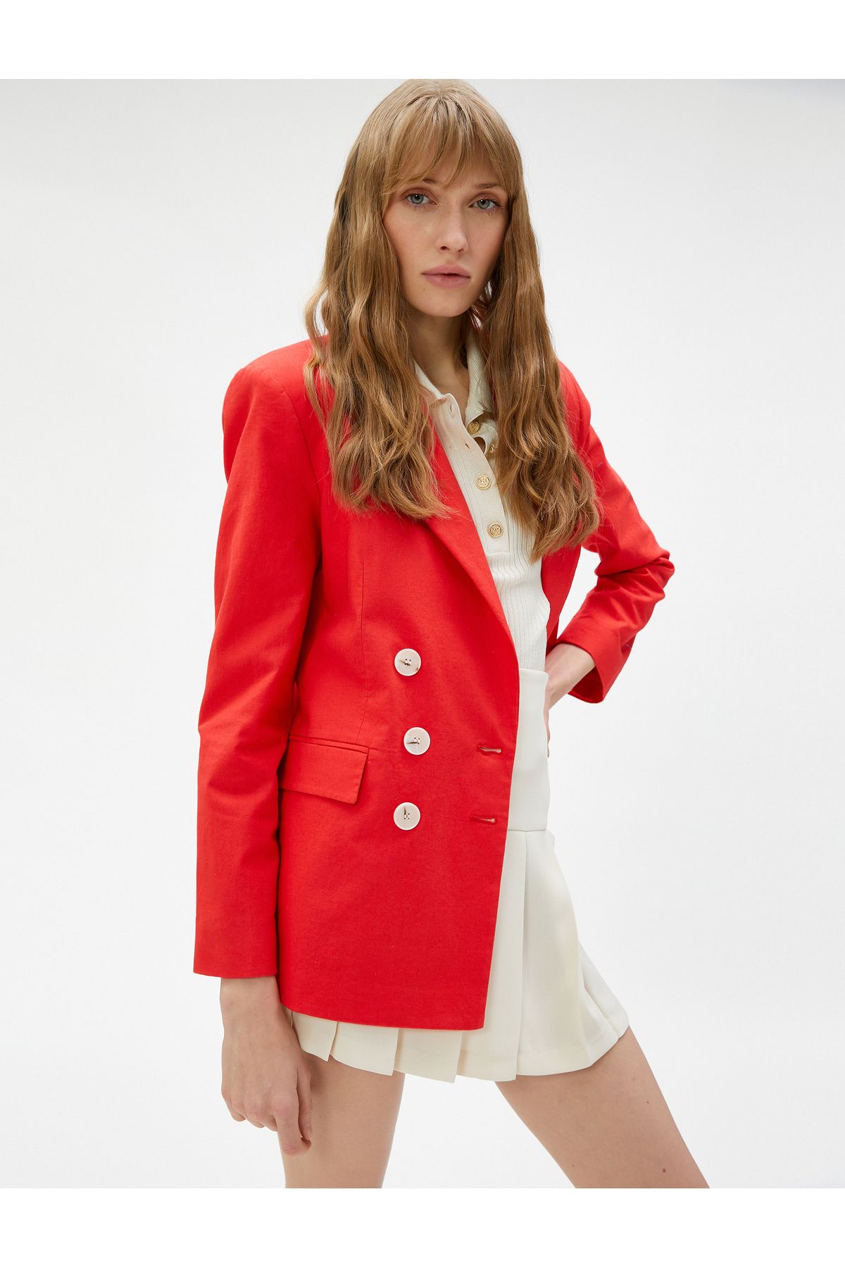 Kruvaze Düğmeli Keten Karışımlı Blazer Ceket Kruvaze Düğmeli Keten Karışımlı Blazer Ceket