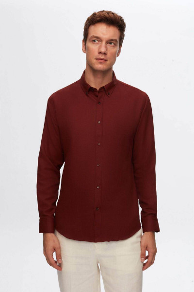 Slim Fit Bakir Armürlü Düğmeli Yaka Pamuklu Gömlek Slim Fit Bakir Armürlü Düğmeli Yaka Pamuklu Gömlek