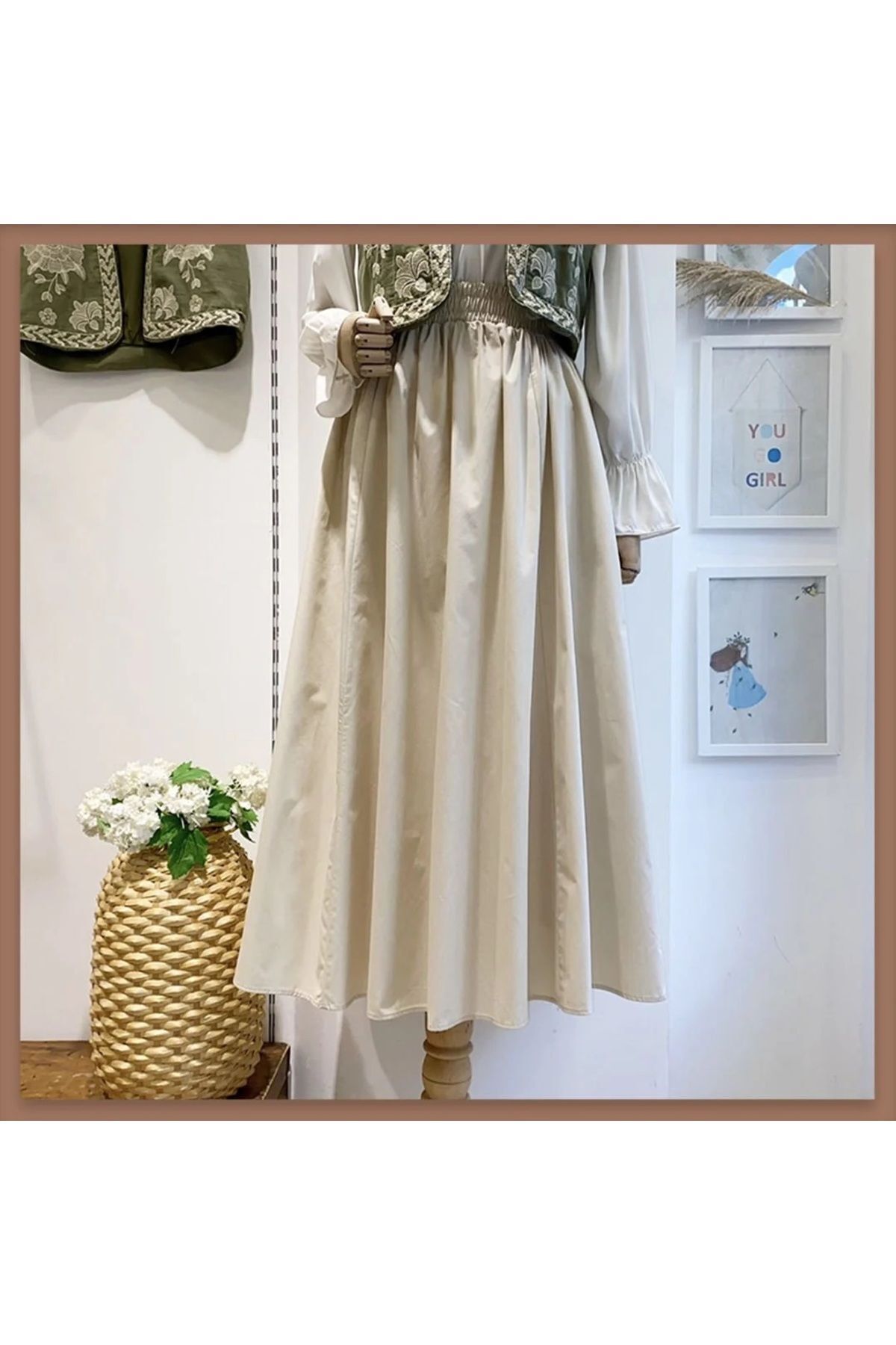 Krem Beli Lastikli Poplin Etek