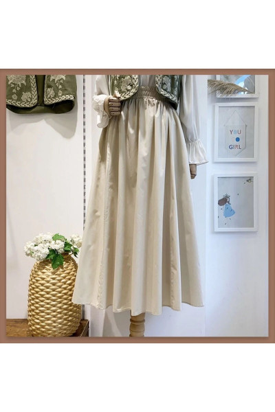Krem Beli Lastikli Poplin Etek Krem Beli Lastikli Poplin Etek